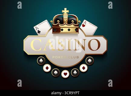 Luxuriöses Kasino-Emblem mit goldener Krone, Poker-Chips und Spielkarten. Elegantes Glücksspiel-Logo auf dunklem Hintergrund. Für Poker Club, Casino Stock Vektor
