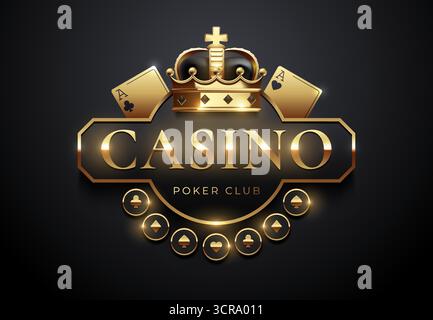 Luxuriöses Pokerclub-Emblem mit goldener Krone, Spielkarten und Casino-Symbolen. Elegantes Design in Schwarz und Gold, perfekt für Pokerturniere Stock Vektor
