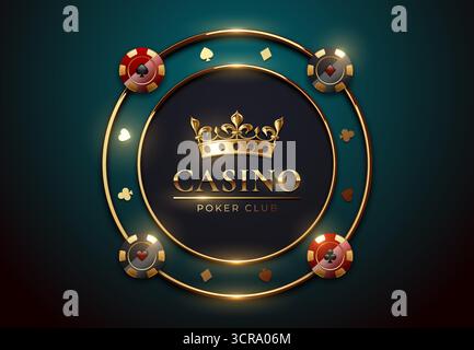 Elegantes Casino-Banner mit goldenen Poker-Chips, Krone und leuchtenden Elementen auf dunkelgrünem Hintergrund. Perfekt für Glücksspiele, Pokernächte, Spiele Stock Vektor