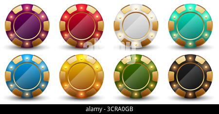 Set aus 8 Vektor glänzende bunte Casino Poker Chips mit Golddetails und realistischem LED-Lichteffekt. Perfekt für Glücksspiele, Casino-Spiele, Poker Stock Vektor