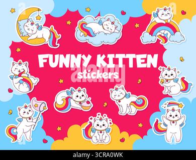 Zeichentrickfilm mit niedlichen Katzen- und Kätzchen-Katicorn-Aufklebern. Bezauberndes Vektorset von Kawaii Fantasy Kätzchen Patches mit Regenbogenschwänzen, Flügeln, verspielten Ausdrücken und traumhaften Posen auf Wolken, Monden und Regenbögen Stock Vektor
