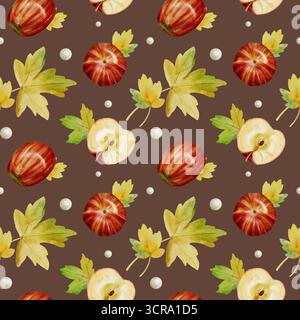 Ein nahtloses Aquarellmuster mit hellen Herbstblättern und Äpfeln auf braunem Hintergrund. Stockfoto