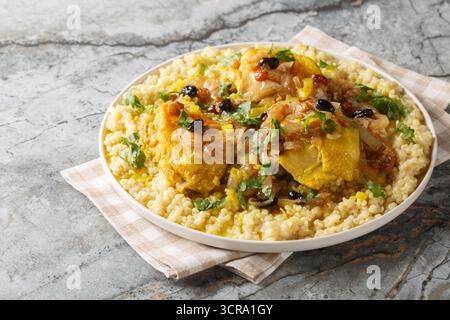 Traditionelles marokkanisches Couscous Chicken Tfaya mit karamelisierter Zwiebel und Rosinen aus der Nähe auf dem Teller auf dem Tisch. Horizontal Stockfoto