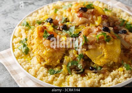 Marokkanischer Couscous Tfaya Süßer und herzhafter Couscous mit geschmortem Huhn in Nahaufnahme auf dem Teller auf dem Tisch. Horizontal Stockfoto