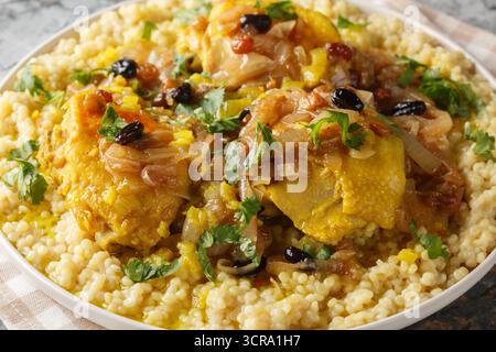 Herzhaft süß duftende Huhn Couscous Tfaya ist eine beruhigende und besondere Mahlzeit aus der Nähe auf dem Teller auf dem Tisch. Horizontal Stockfoto