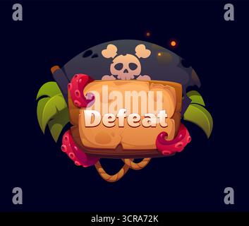 Besiege Piraten- und Korsair-Spielsymbole mit Holzschild, Schädelflagge, tropischen Blättern und Kraken-Tentakeln. Comic Vektor Spiel über Banner, Fehler Bildschirm, Abenteuer Fehler Benachrichtigung Stock Vektor