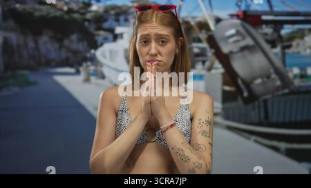 Junge Frau mit Tätowierungen im Bikini, die eine betende Geste am Seehafen macht, mit Booten im Hintergrund, unter sonnigem Himmel, mit Sonnenbrille, zum Ausdruck bringt Stockfoto