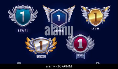 Spielsieg Rang-up-Abzeichen-Symbole, Schilde Assets. Vektorset mit glänzenden Level-1-Spielemblemen mit geflügelten Schilden und Metallic-Oberflächen. GUI-Elemente für das Ranking von Systemen oder Prämien in Anwendungen Stock Vektor