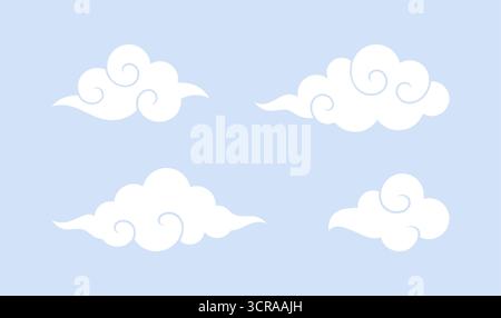 Satz weißer Wolken im asiatischen Stil auf blauem Hintergrund. Vektorabbildung Stock Vektor