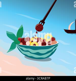 Tropisches Dessert, tropische Früchte und Beeren, Sommerdessert mit Früchten und Beeren, Wassermelone, Ananas, Melone, Erdbeere, Dessert am Meer Stock Vektor