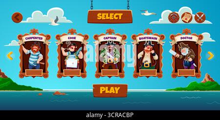Spielbrett für Zeichentrickfiguren der Piratenschiffbesatzung. Vektorauswahl Bildschirm mit Zimmermann, Koch, Kapitän, Boot, Arzt in Holzrahmen mit tropischem Inselhintergrund und ui-Elementen Stock Vektor