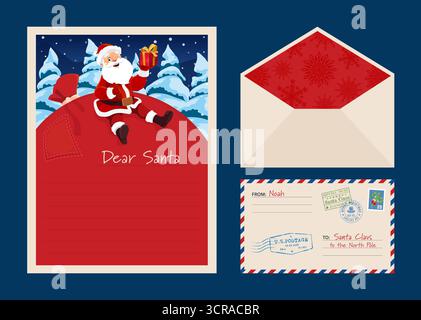 Brief für den Weihnachtsmann mit Noel auf rotem Geschenksack, festlichem Umschlag mit Schneeflocken und Luftpostumschlag an den Nordpol. Vektorvorlage für Weihnachtswünsche oder Kinderlisten Stock Vektor