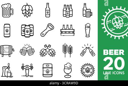 0 Symbole für die Bierlinie gesetzt. Konturvektorsammlung von Brauerei, Alkohol, Flasche, Glas, Becher, Fass, Hopfen, Weizen und mehr Stock Vektor