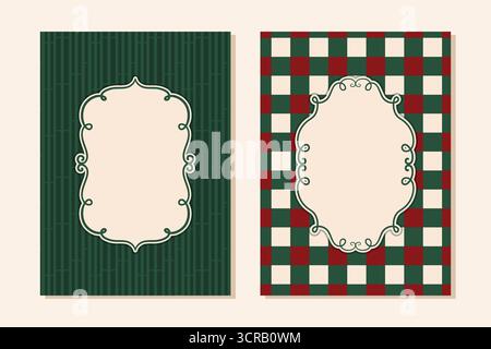 Frohe Weihnachten, Festliche Rahmen. Poster für Winterferien mit Karomuster und elegantem leerem Vintage-Rahmen. Set Mit Weihnachtseinladungskarten Stock Vektor