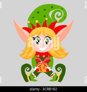 Illustration eines fröhlichen weihnachtlichen Elfenmädchens mit blonden Haaren, großen grünen Augen und festlichem Kostüm. Sie hat eine Geschenkbox, die perfekt für Weihnachtskarten, Poster, Drucke und saisonale Projekte geeignet ist. Stock Vektor