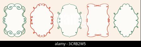 Set Mit Weihnachtlichen Doodle-Rahmen. Handgezeichnete Vintage-Weihnachts- und Neujahrsferienrahmen. Skurrile Merry Christmas Line Kunstrahmen Stock Vektor