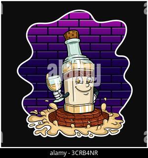 Flasche mit Glas auf Holzständer und Ziegelhintergrund-Zeichentrickfilm. Maskottchen. Vektorabbildungen Stock Vektor