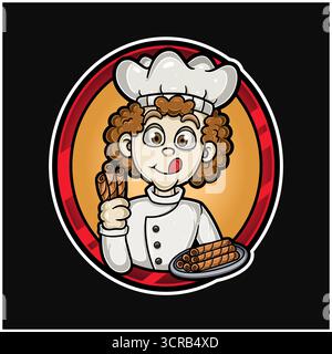 Curly man Chef mit Käserollen-Cartoon. Maskottchen. Vektorabbildungen Stock Vektor