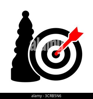 Schachbischof mit Bullseye-Ziel und Pfeil. Strategisches Zielkonzept. Symbol für Strategie, Präzision, Planung und Geschäftsziele. Erfolg, Genauigkeit. Stock Vektor