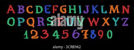 Bunte Buntstifte Buchstaben und Zahlen, umgeben von lustigen Kritzeleien auf dunklem Hintergrund. Stock Vektor