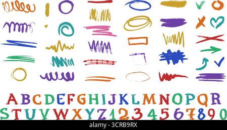 Ansprechende englische Schriftart mit Buntstift und verspielten, dekorativen Unterstrichen Stock Vektor