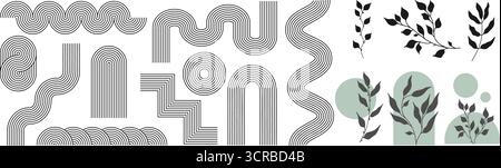 Zen-Bogenset, einfacher Linienbogen, botanische Elemente und geometrische Formen. Geometrisches japanisches Zen-Muster minimale Elemente. Boho-Style-Streifen Stock Vektor