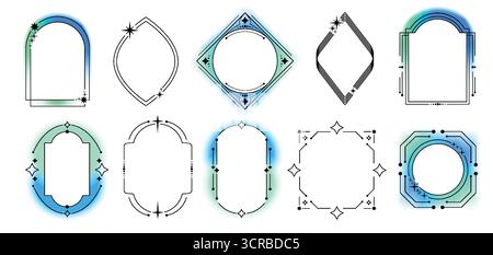 Dekorative Rahmen mit Unschärfe- und Aura-Effekten für y2k-Design – Blau- und Grünverlaufsleuchten, geometrische Formen, Sterne und Funkeln. Moderne, minimalistische Abzeichen oder Etiketten mit Neonbeleuchtung. Stock Vektor
