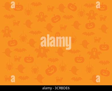 Halloween Orange Hintergrundmuster – gruselige Geister, Kürbisse, Fledermäuse, Katzen und Spinnen nahtloses Design, festliche Feiertags-Hintergrundbilder für Party Stock Vektor