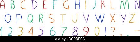 Bunte, mit Buntstiften gezeichnete englische Buchstaben und Zahlen mit verspielten Kritzeleien auf weißer Leinwand. Stock Vektor