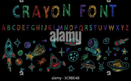 Handgezeichnete Buntstift-Illustration eines Astronauten, der in der Nähe einer Rakete und Planeten schwimmt, mit verspielten englischen Buntstift-Buchstaben Stock Vektor