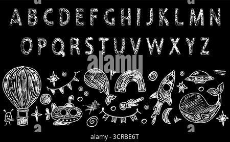 Handgezeichnete Buntstift-Illustration mit Raum- und Meereselementen mit verspieltem englischen Schriftzug. Stock Vektor