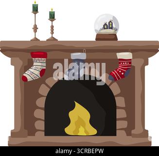 Ein warmer Kamin mit einer Steinstruktur hat bunte Strümpfe, die vom Mantel hängen. Stock Vektor