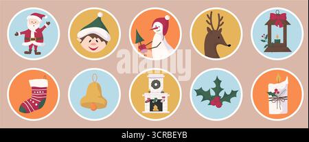 Runde Aufkleber mit Weihnachtsmann, Schneemann und Hirsch. Festliche Vektorkunst für Feiertagsgrüße. Stock Vektor