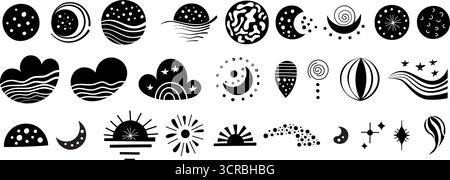 Eine Kollektion von Schwarz-weiß-Designs mit kosmischen Elementen und abstrakten Formen. Das Kunstwerk umfasst Sterne, Planeten, Wellen und verschiedene Wirbel, Stock Vektor