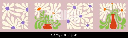 Hintergrund mit welligen Linien und Blumenmotiven, inspiriert von den Designtrends der 1970er Jahre. Stock Vektor