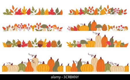 Niedliche Herbstborten mit Kürbissen, Blättern, Pilzen, Beeren, Nüssen und Pinienkegeln im flachen Cartoon-Stil. Saisonales Erntedekor für Grußkarte Stock Vektor