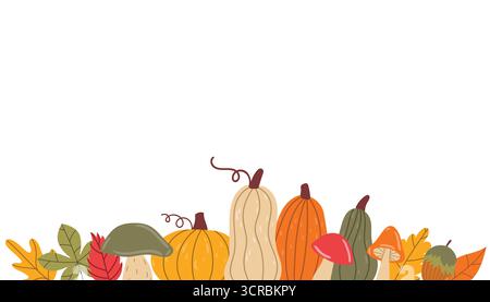 Niedliche Herbstgrenze mit Kürbissen, Blättern, Pilzen und Nüssen auf weißem Hintergrund in flachem Cartoon-Stil. Saisonerntekartenrahmen zur Begrüßung, Invit Stock Vektor