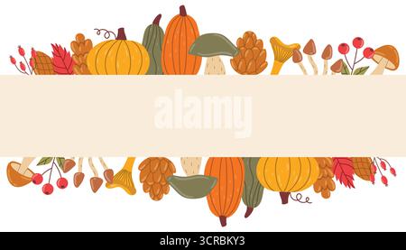 Herbstposter mit dekorativen Borten auf und unter Blättern, Eicheln, Kegeln, Beeren und Pilzen im flachen Cartoon-Stil. Ideal zur Begrüßung des Autos Stock Vektor