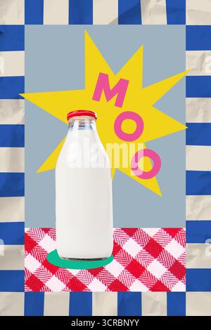 Trend-Kunstwerk Poster Composite Sketch Bild Collage von Retro-Glasflasche Milchkuh Moo Poster Hungry Küche Dinner Koch Mahlzeit Stockfoto