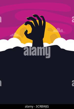 Gruselige Silhouette der aufziehenden Monsterhand mit Vollmond am dunkelrosa Nachthimmel mit Nebeln, die für Halloween-Poster und Einladungen geeignet sind. Stock Vektor