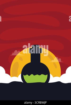 Vertikale Hintergrundillustration der Flasche Silhouette mit grünem Trank darin mit rotem Himmel mit gelbem Vollmond. Stock Vektor