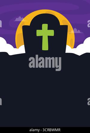 Halloween Grabstein Silhouette vertikale Hintergrundschablone mit grünem Kreuz darin gegen lila Mitternachthimmel mit gelbem Mond geeignet. Stock Vektor