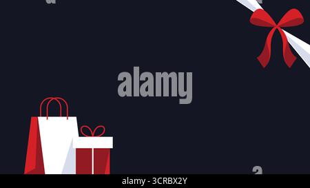 Schwarzer horizontaler Hintergrund mit Band, Einkaufstasche und Geschenkbox. Abstrakter schwarzer Hintergrund mit Kopierraum perfekt für Black Friday. Stock Vektor