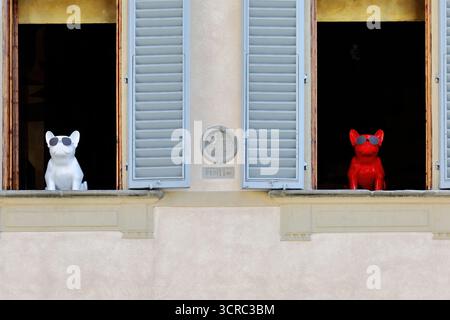 384 französische Bulldogge-Plastik-Figuren mit Sonnenbrille in weiß und Rot, auf zwei Fensterleisten des Palastes Orfanotrofio del Bigallo. Florenz-Toskana. Stockfoto