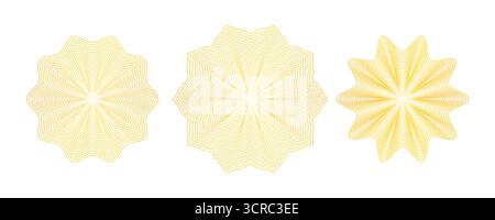 Guilloche goldenes Siegel für Zertifikat, Diplom. Abstrakte, lineare Sternform. Strahlendes welliges Starburst-Stempelset. Vektorabbildung. Stock Vektor