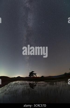 Ein vertikaler Panoramablick auf die Milchstraße über Kelly Hall Tarn im englischen Lake District Stockfoto