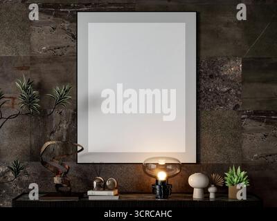 Modernes Interieur mit leerem Posterrahmen an der Wand, Modelldesign, 3D-Rendering Stockfoto