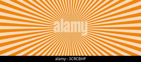 Psychedelischer Radialhintergrund mit orangenem Sonnenstrahl-Muster. Abstraktes, grooviges Design mit auffälligen Strahlen. Perfekt für Poster, Cover oder digitale Retro-Kunst. Stock Vektor