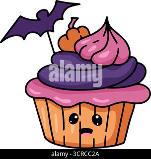 Sammlung niedlicher Halloween-Cupcakes im Kawaii-Stil mit lustigen Gesichtern und gruseligen Dekorationen wie Hexenhüten, Fledermäusen und Kürbissen. Perfekt für Party i Stock Vektor