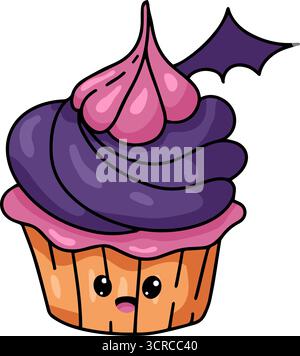 Sammlung niedlicher Halloween-Cupcakes im Kawaii-Stil mit lustigen Gesichtern und gruseligen Dekorationen wie Hexenhüten, Fledermäusen und Kürbissen. Perfekt für Party i Stock Vektor